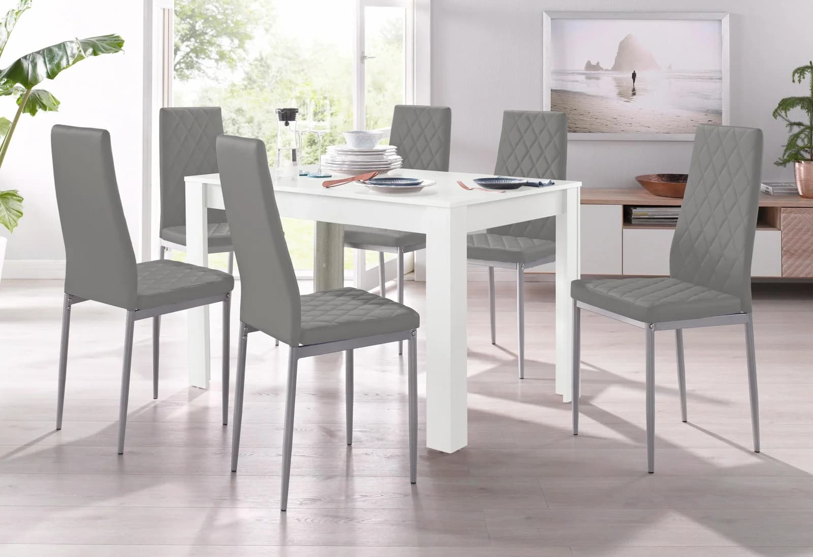 OTTO HOME Essgruppe Weiß Grau 4 Stühle Holzwerkstoff