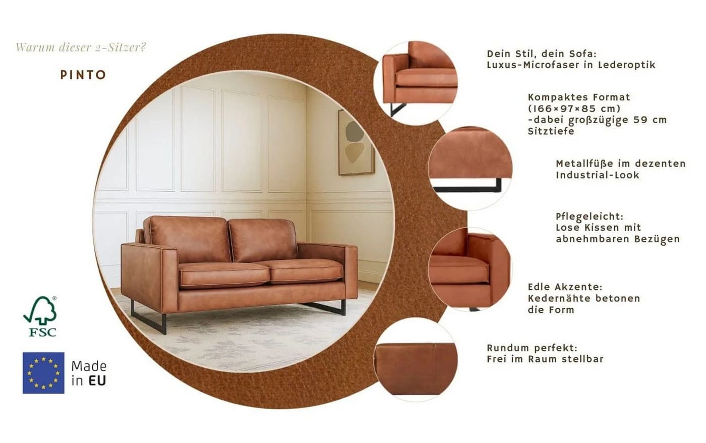 HOME AFFAIRE Pinto 2-Sitzer Sofa Cognac Microfaser Lederoptik - Bild 3