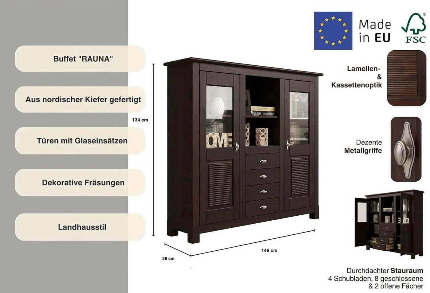 OTTO HOME Buffet Rauna Massivholz Braun mit Glaseinsätzen - Bild 3