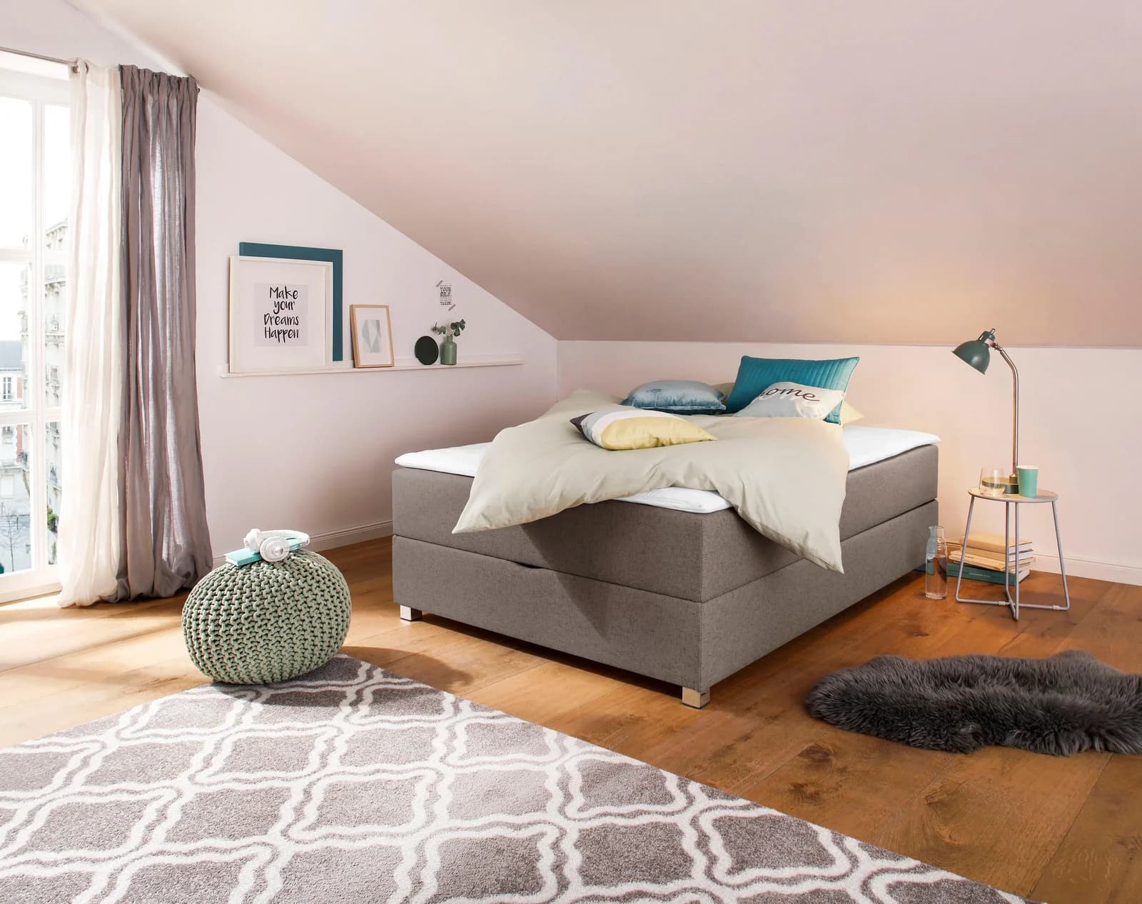 Boxbett HOME AFFAIRE Alexis hellbraun mit Bettkasten und Matratze