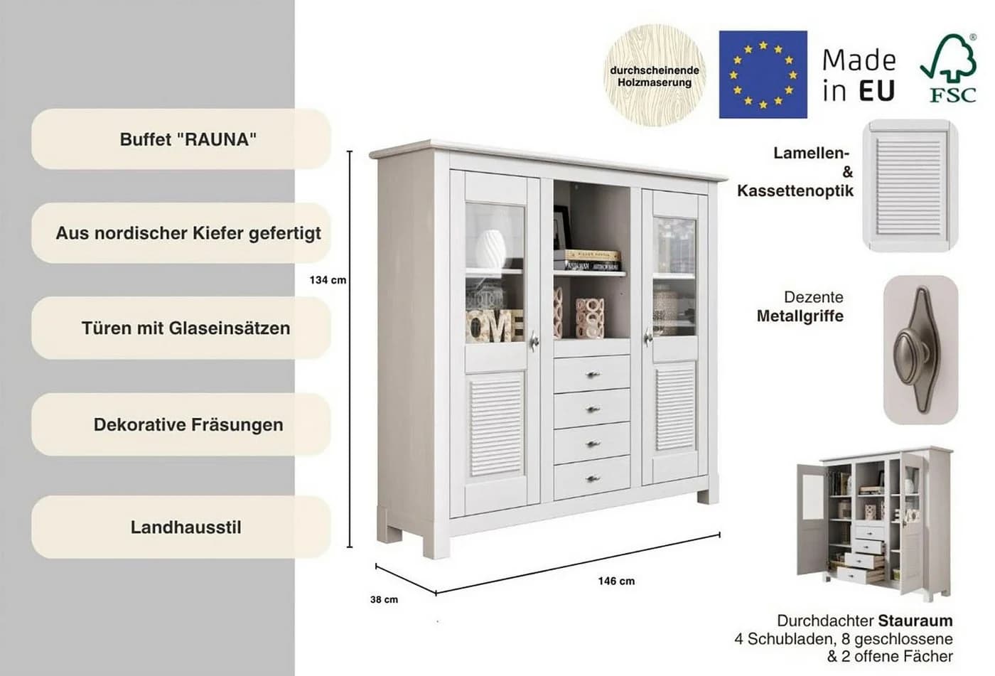 Buffet OTTO HOME Rauna Weiß Massivholz mit Glaseinsätzen - Bild 3