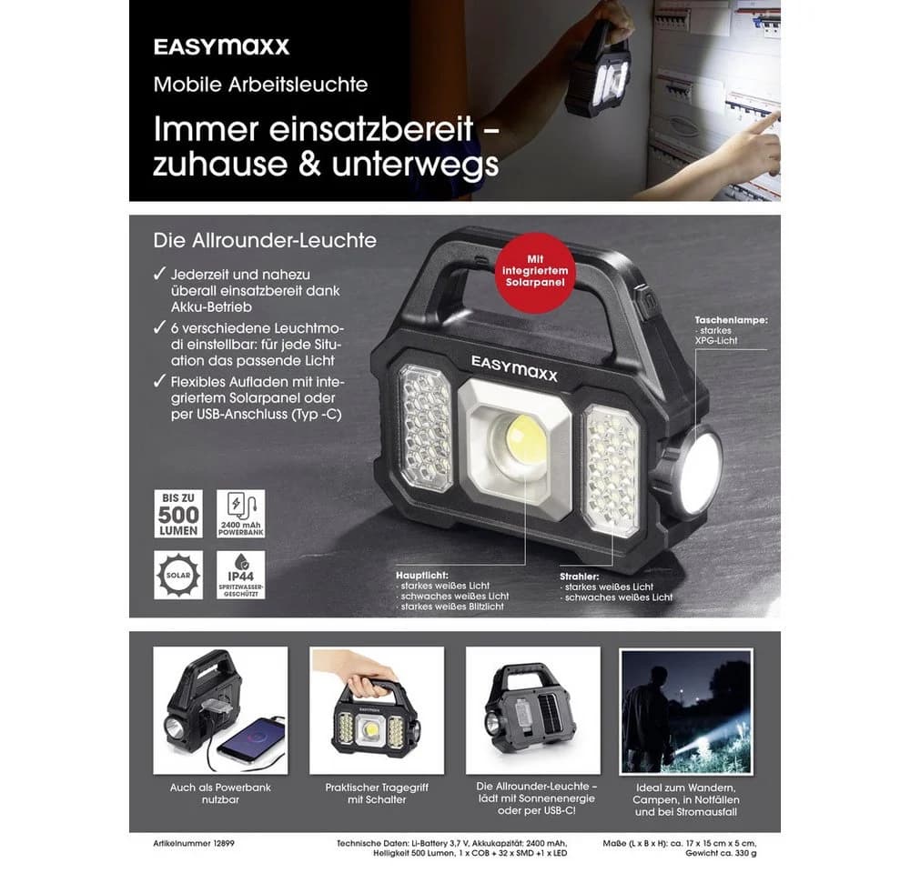 EASYmaxx Arbeitsleuchte LED COB Akku Solar USB-C - Bild 4