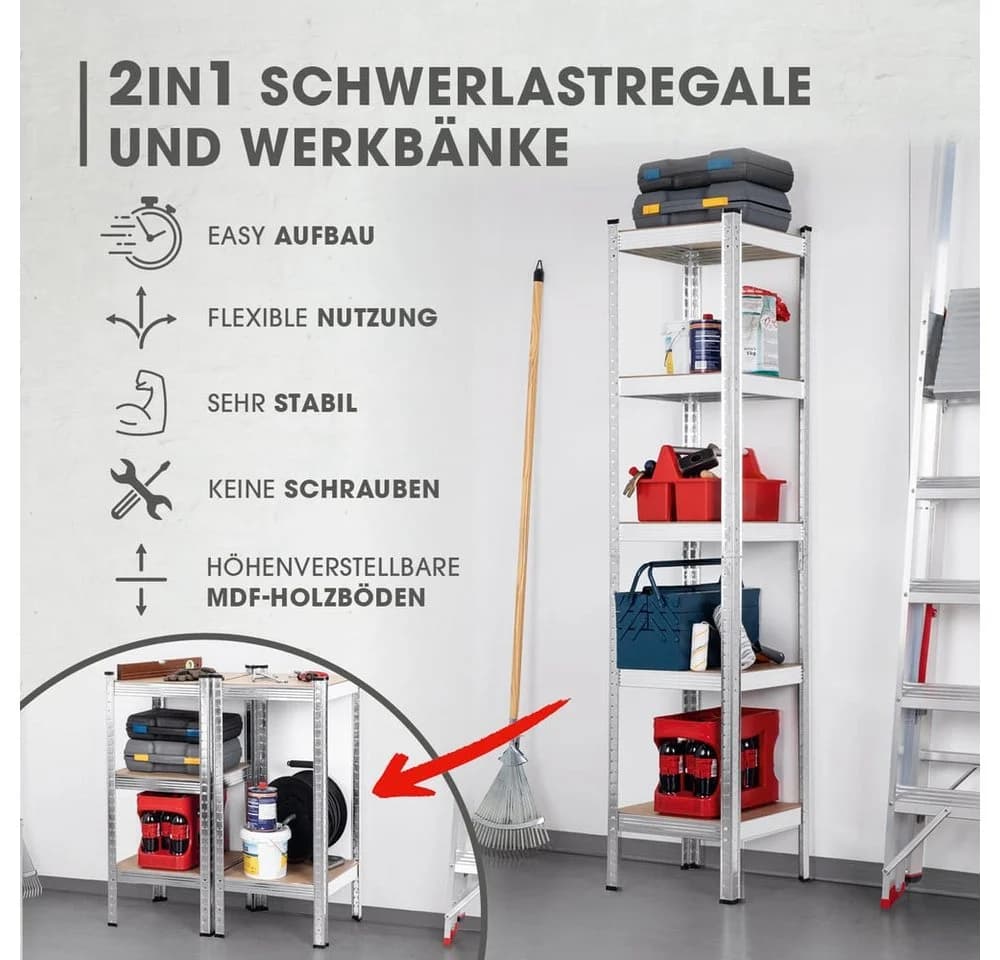 EASYmaxx Schwerlastregal Silber 5 verstellbare Ebenen 2in1