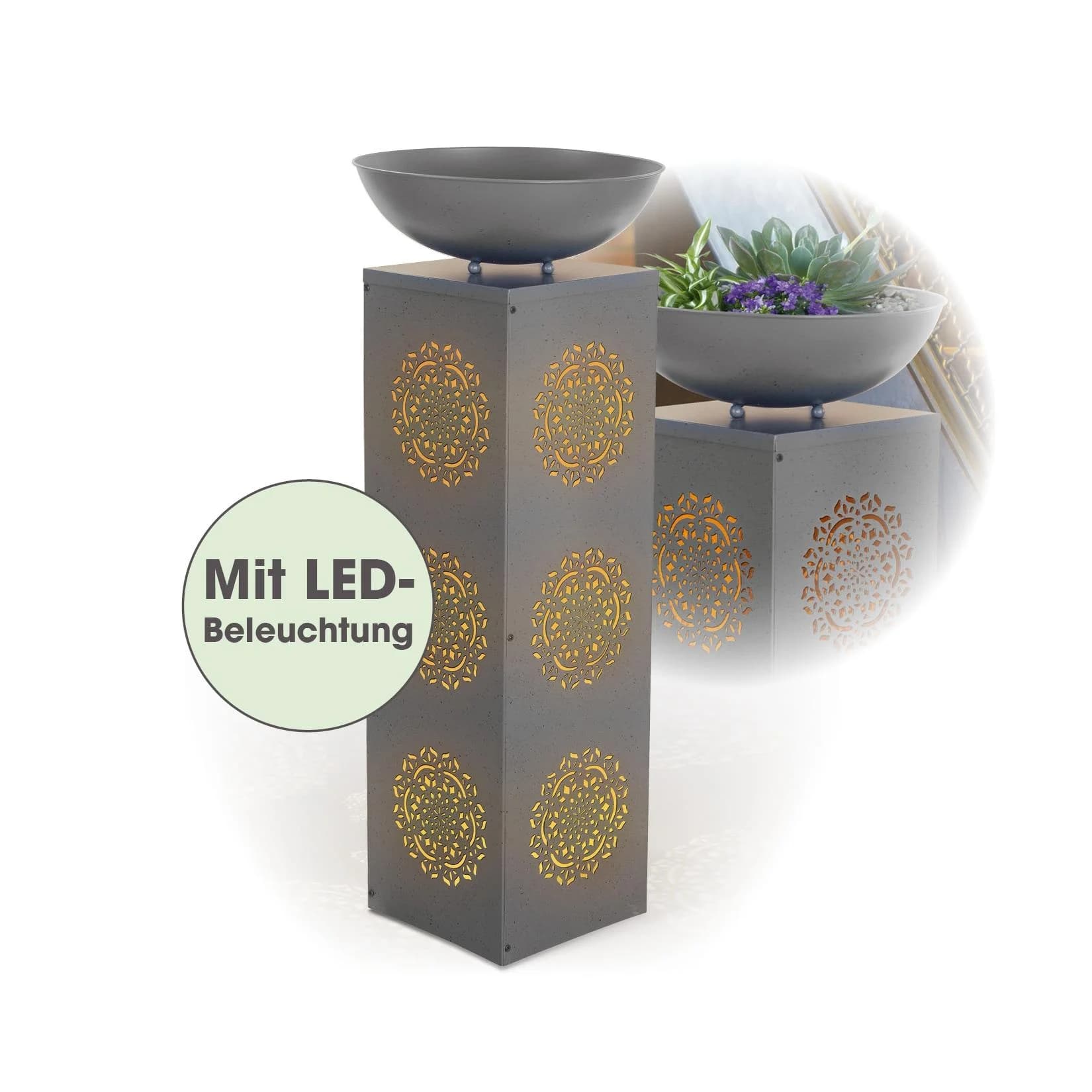 EASYmaxx LED-Dekosäule Beton-Optik Mandala mit Pflanzschale