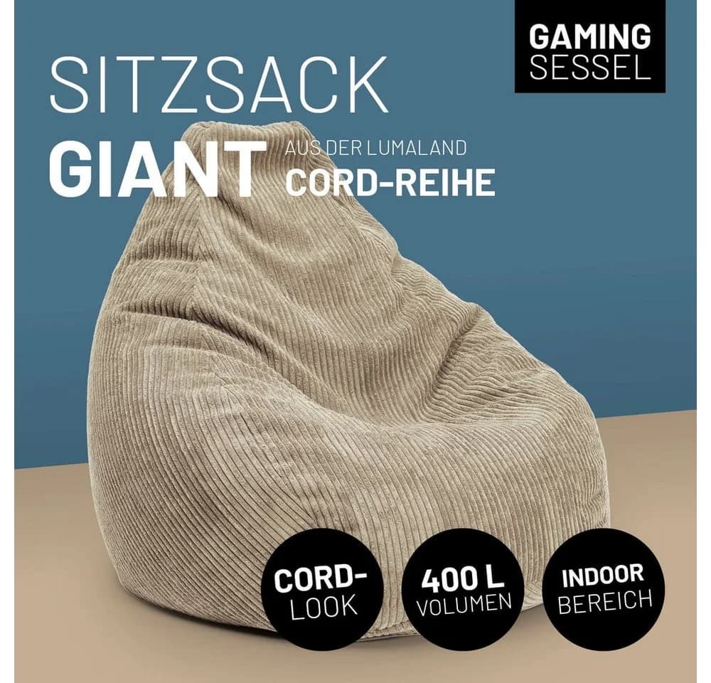 Lumaland Sitzsack GIANT Cord Beige mit stabiler Lehne - Bild 4