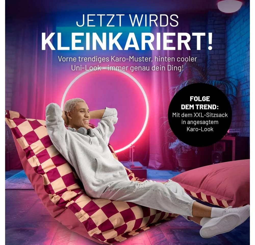 Lumaland Sitzsack XXL Karo 380L Weinrot/Pfirsich mit EPS-Perlen - Bild 3