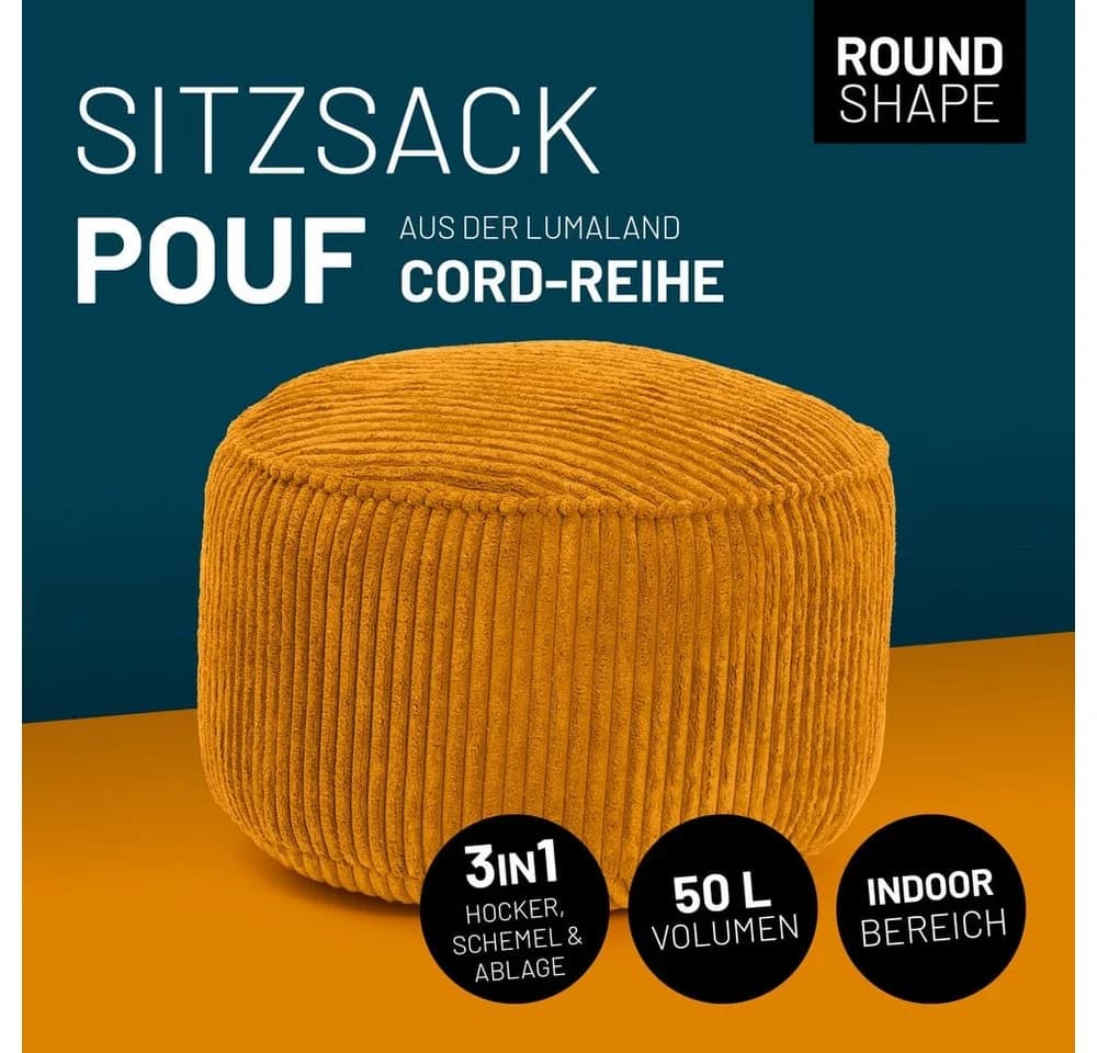 Lumaland Sitzsack-Hocker Pouf rund Cord 50l senfgelb