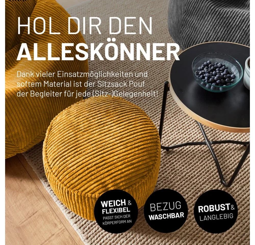 Lumaland Sitzsack-Hocker Pouf rund Cord 50l senfgelb - Bild 3