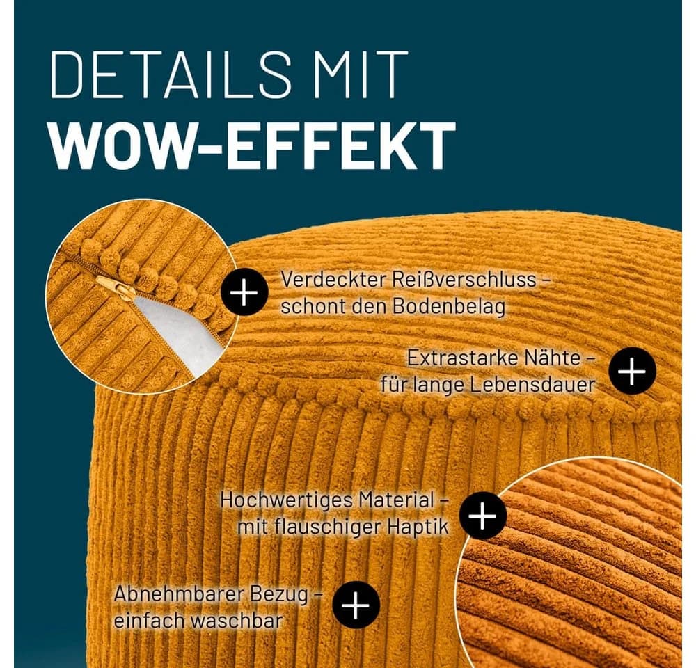 Lumaland Sitzsack-Hocker Pouf rund Cord 50l senfgelb - Bild 4