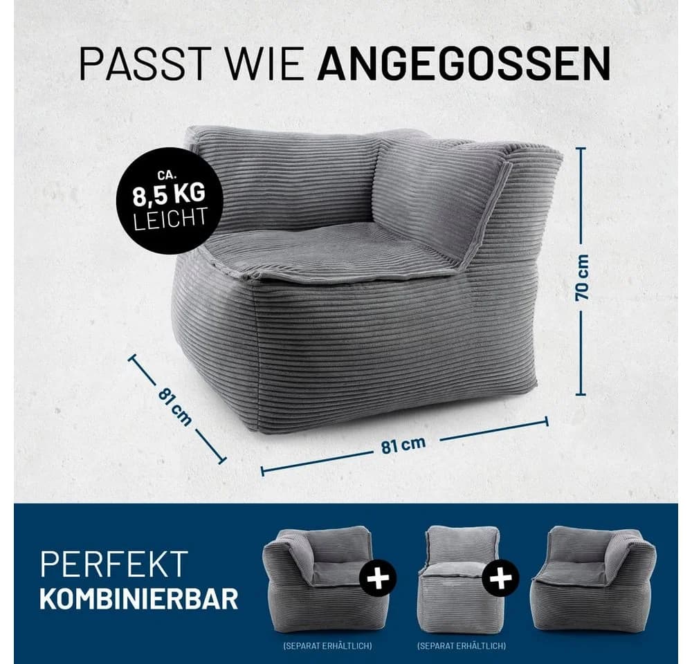 Lumaland Sitzsack-Sofa Modular Cord Grau Ecke rechts - Bild 3