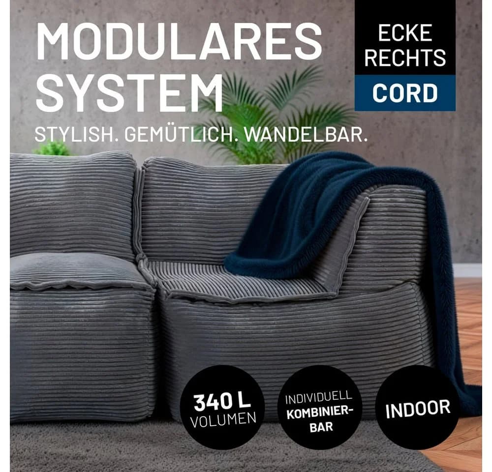Lumaland Sitzsack-Sofa Modular Cord Grau Ecke rechts - Bild 4