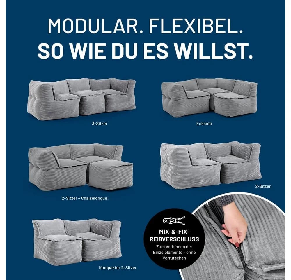 Lumaland Sitzsack-Sofa Modular Cord Grau Ecke rechts - Bild 5