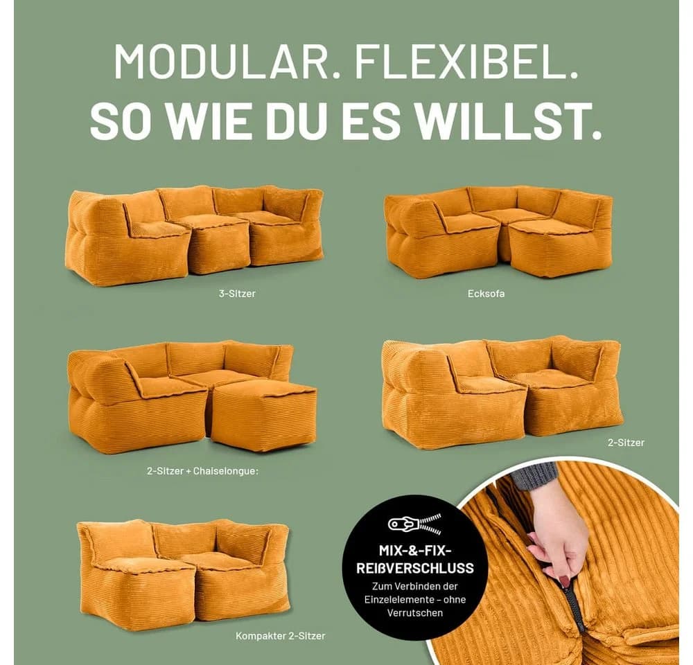 Lumaland Sitzsack Sofa Modular Cord Ecke rechts Gelb - Bild 5