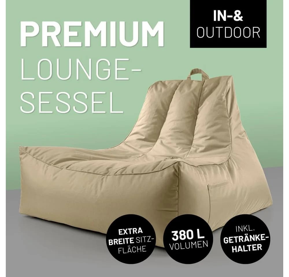 Lumaland Sitzsack Lounge In-& Outdoor 380l Beige mit Flaschenhalter