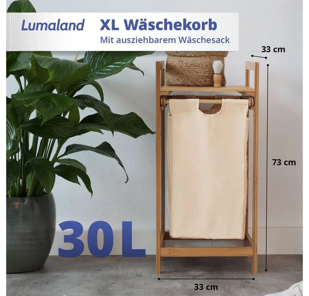 Lumaland Ausziehwäschekorb Bambus 1 Sack 33x33x73 cm