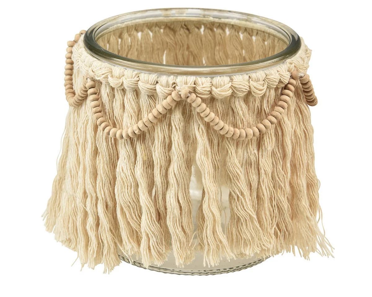 Viana Windlicht Set 4-teilig Boho Makramee Fransen Creme Glas