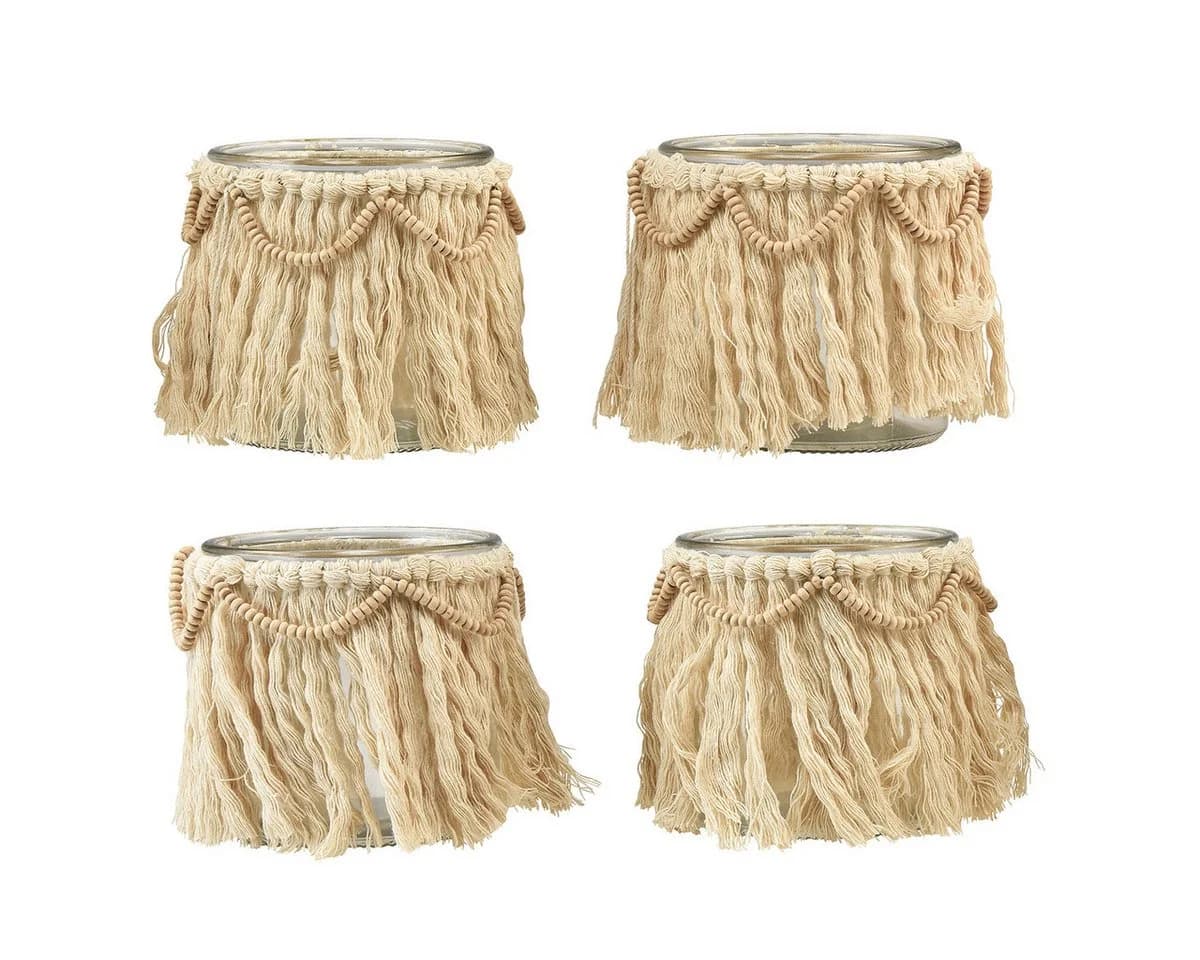 Viana Windlicht Set 4-teilig Boho Makramee Fransen Creme Glas - Bild 2