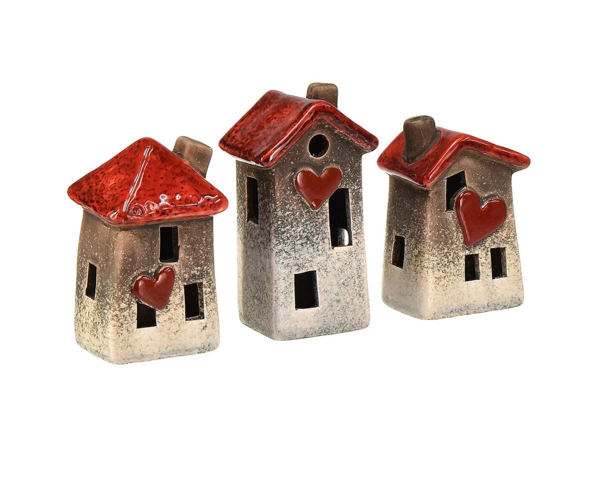 Florists Products Keramik-Häuser 3er Set Rot Braun Herzmotiv Deko