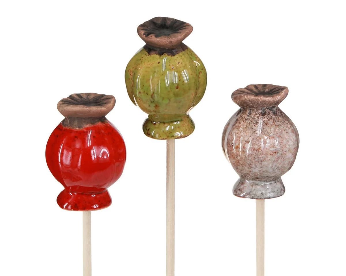 Viana Keramik Mohn Blumenstecker 6 Stk Garten Deko Rot Grün Braun - Bild 2