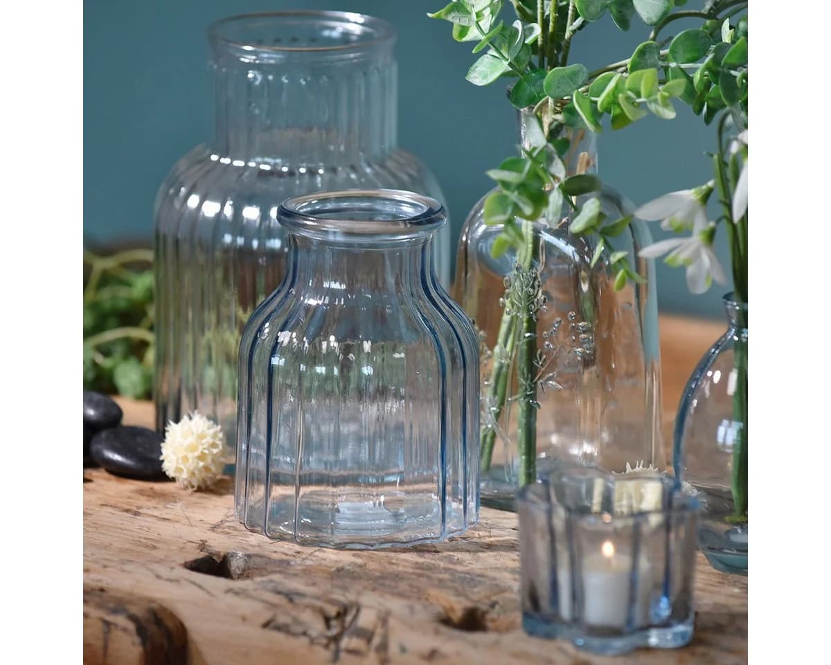 Florists Products Tischvase Blumenvase Glas Rillen Design Blau Retro - Bild 2