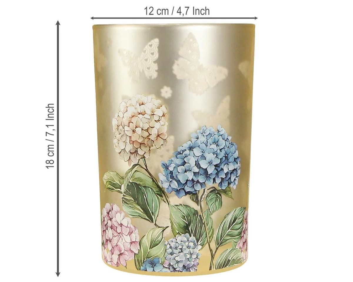 Viana Windlicht Teelichthalter Glasdekor Blütenmotiv Beige Gold