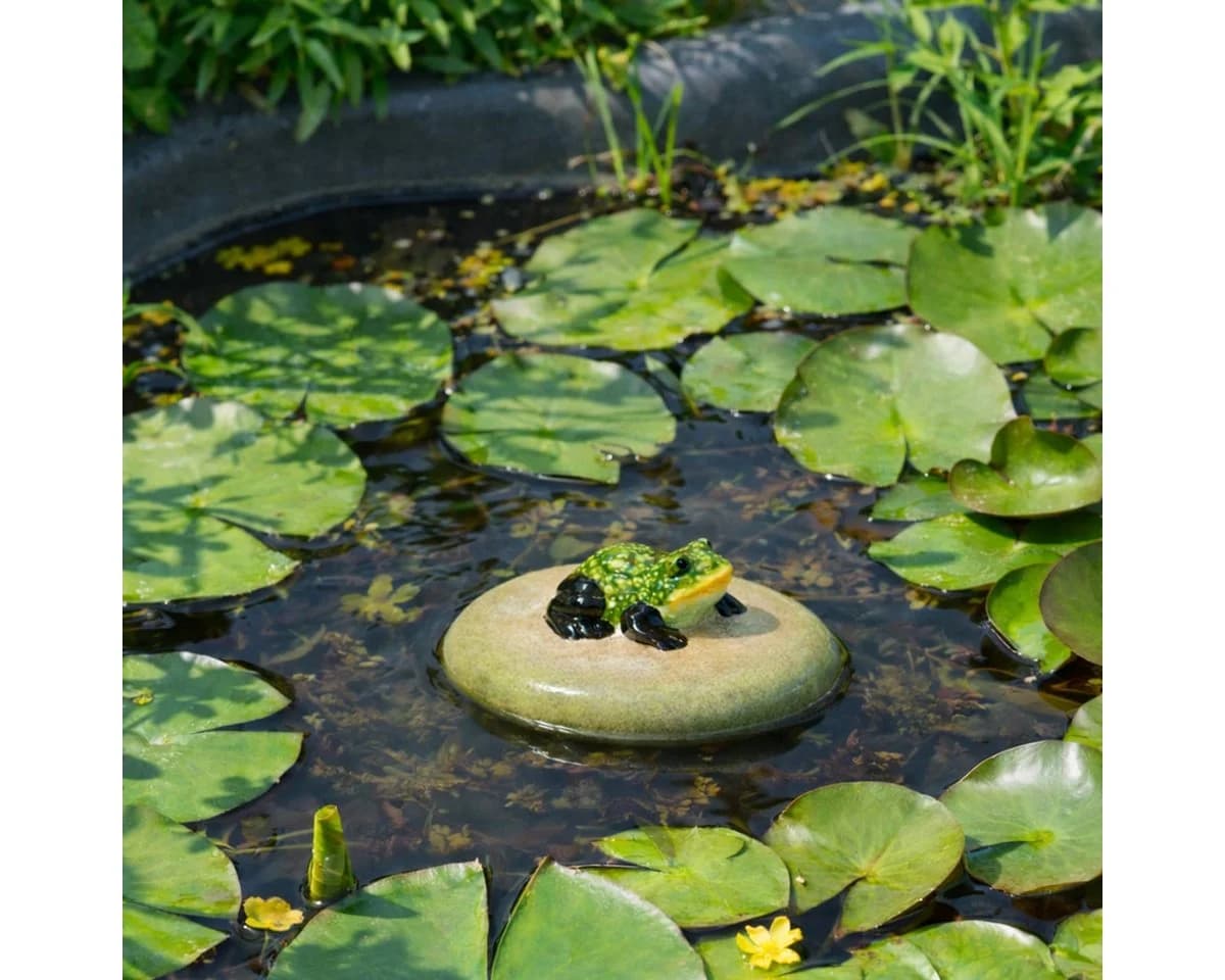Florists Products Dekorative Keramikfigur Frosch auf Schwimmstein Grün