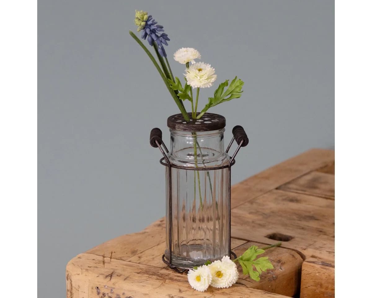 Viana Tischvase Vintage Glasflasche mit Metallgestell Transparent