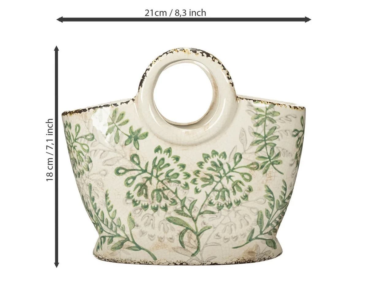 Viana Übertopf Keramik Pflanzgefäß mit floralen Motiven Weiß Grün