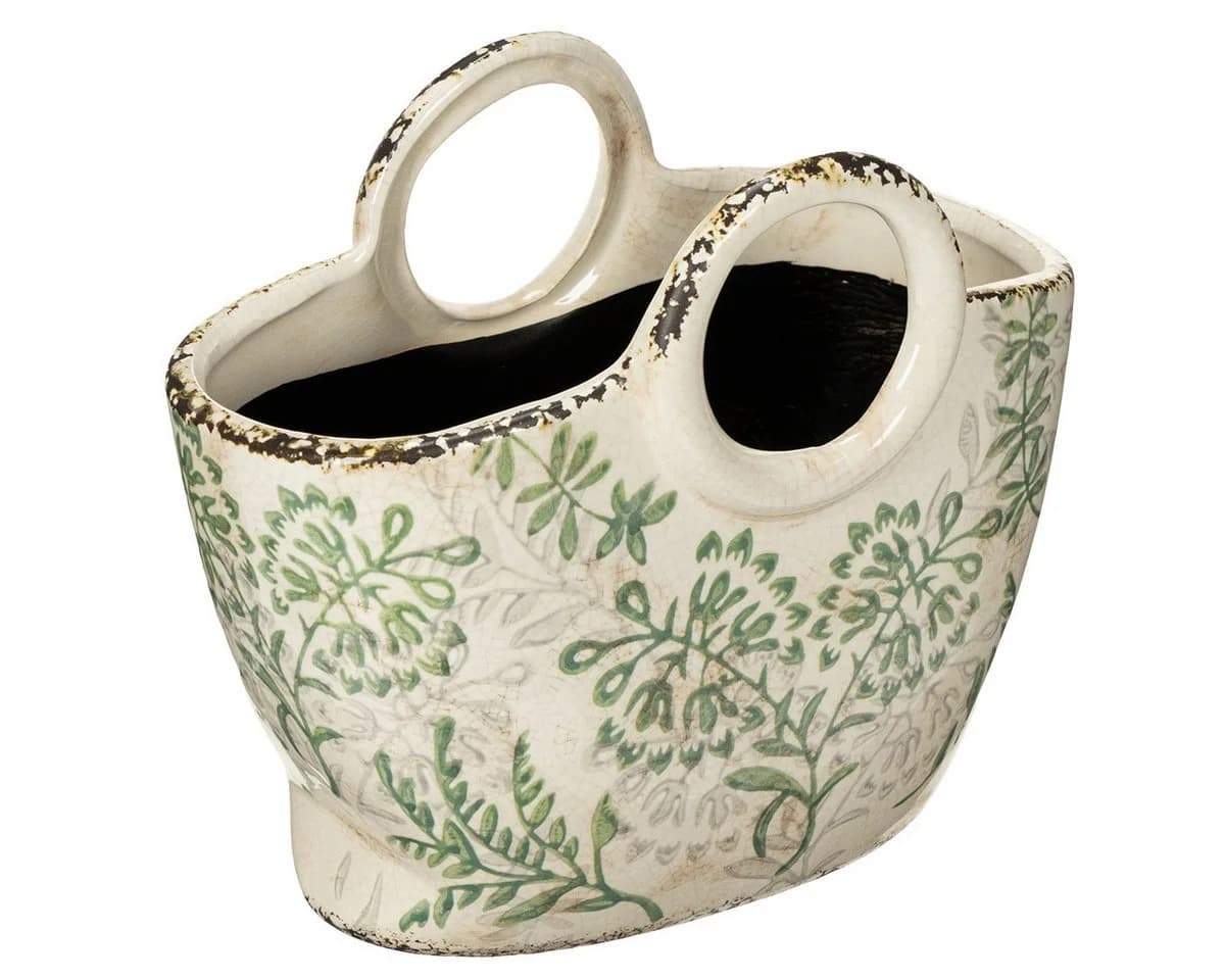 Viana Übertopf Keramik Pflanzgefäß mit floralen Motiven Weiß Grün - Bild 2