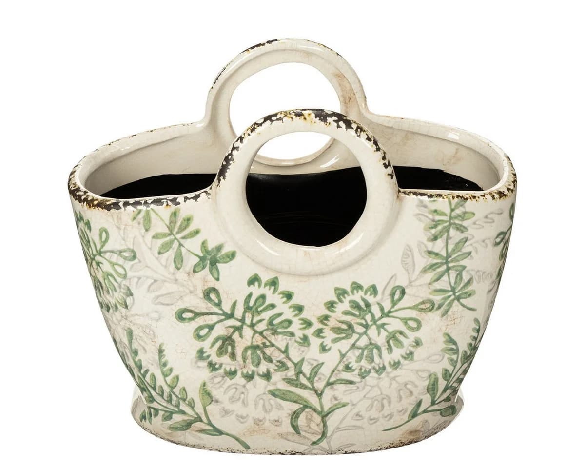 Viana Übertopf Keramik Pflanzgefäß mit floralen Motiven Weiß Grün - Bild 5