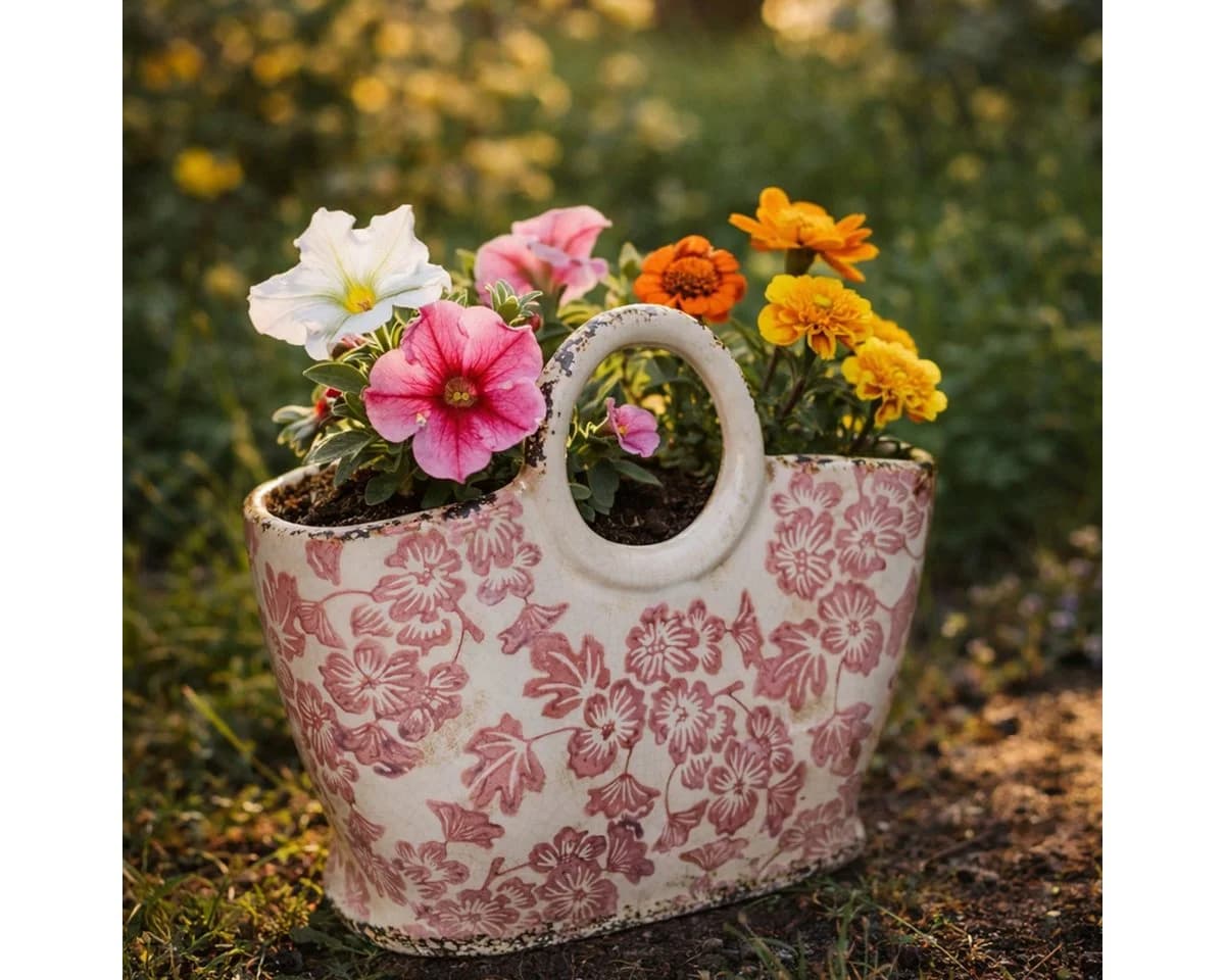 Florists Products Übertopf Floraler Pflanzentopf mit Henkeln Weiß/Rot