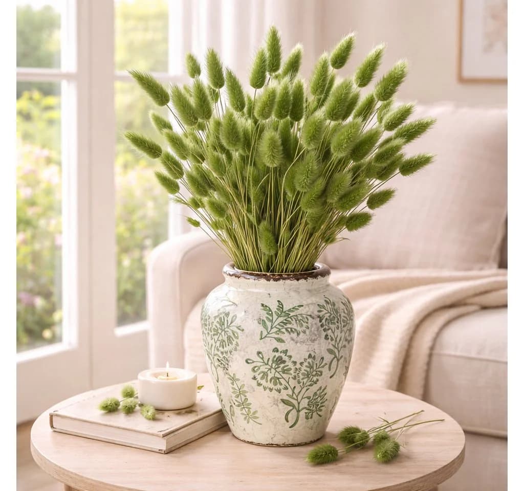 Viana Keramikvase mit Pflanzenmotiv Weiß Grün Vintage