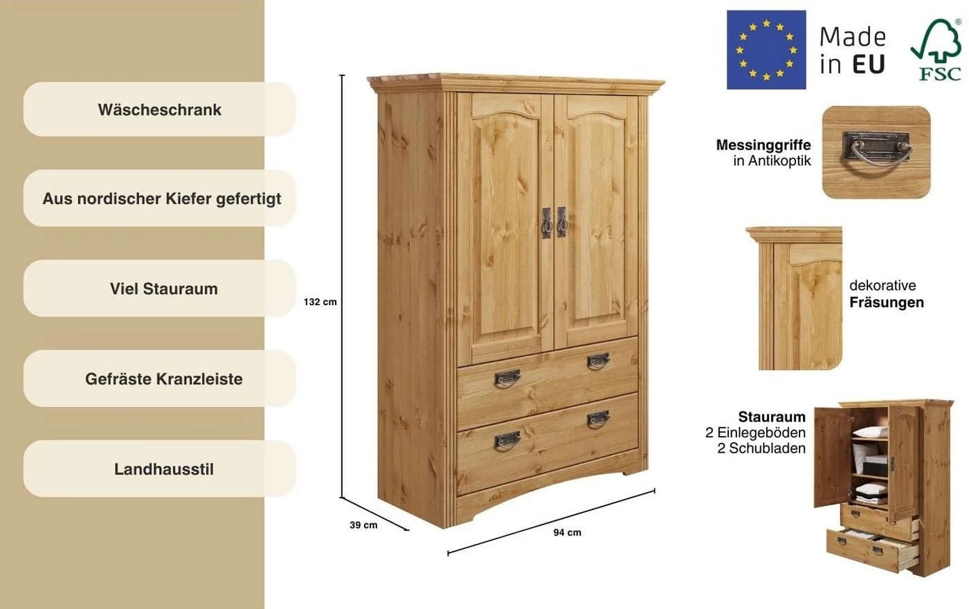OTTO HOME Wäscheschrank Konrad Massivholz Kiefer Beige - Bild 3