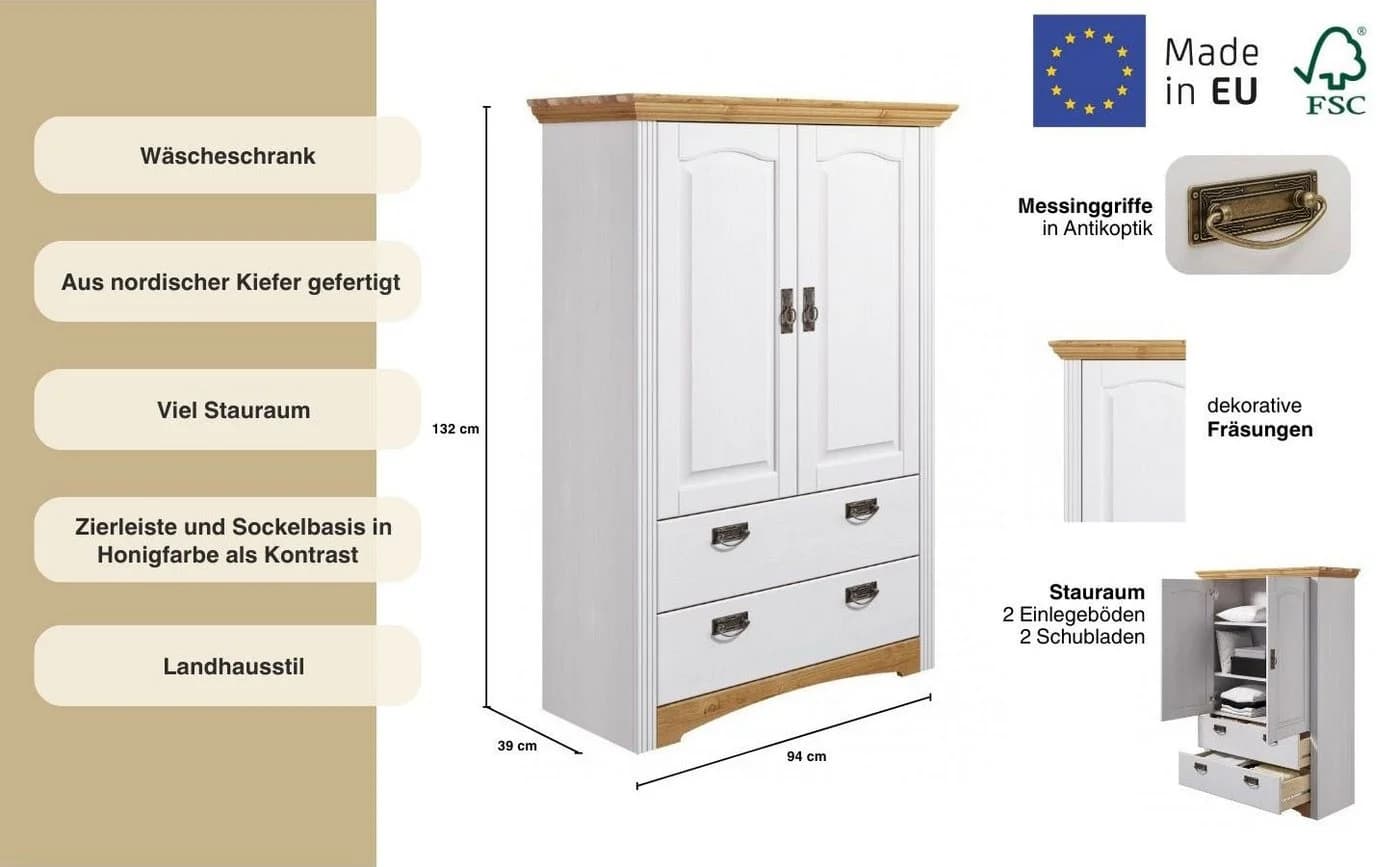 OTTO HOME Wäscheschrank Konrad Weiß Natur Massivholz Kiefer - Bild 3