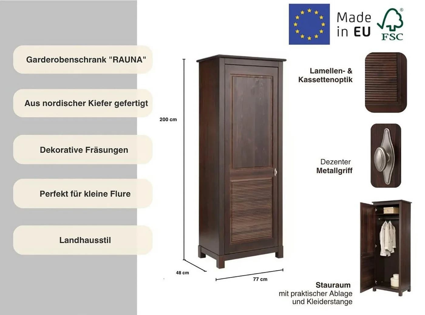 OTTO HOME Garderobenschrank Rauna Massivholz Dunkelbraun - Bild 3