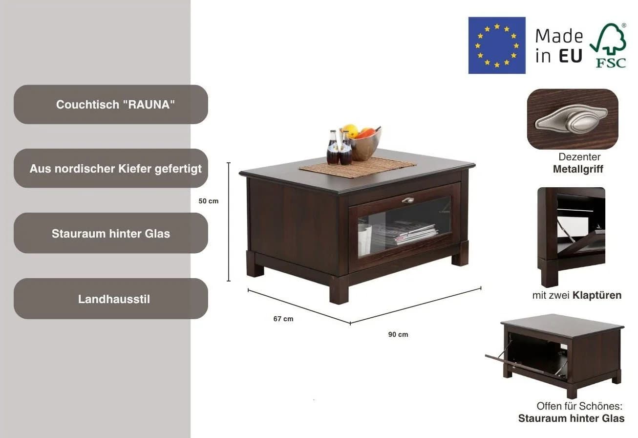 OTTO HOME Couchtisch Rauna Dunkelbraun FSC Massivholz Landhausstil - Bild 3