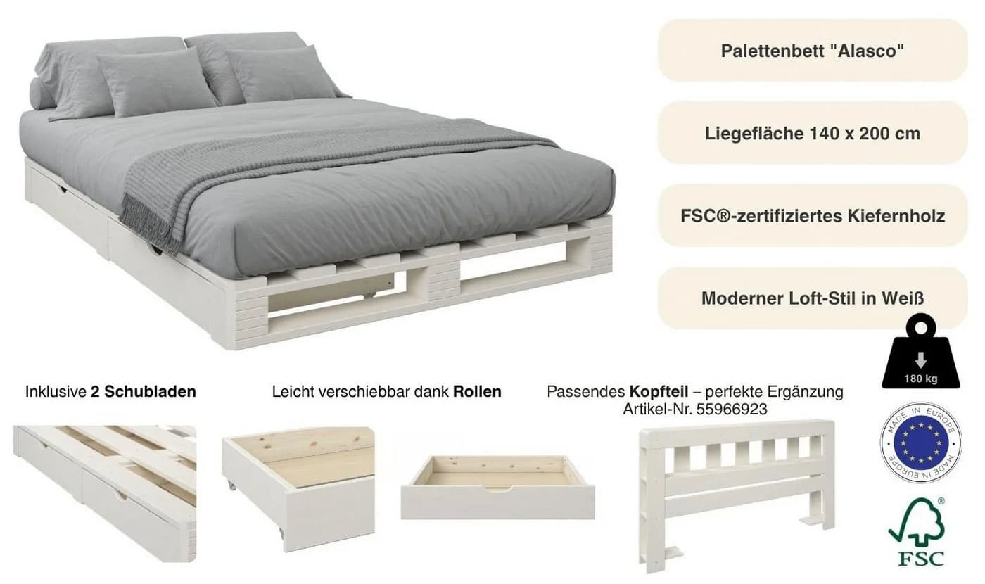 Palettenbett ALASCO Weiß mit Schubkästen Massivholz - Bild 3