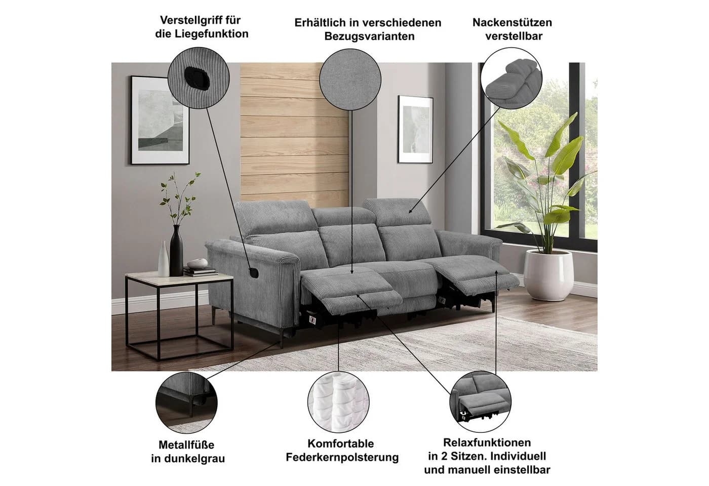 OTTO HOME LUND 3-Sitzer Sofa Schwarz mit Relaxfunktion - Bild 3