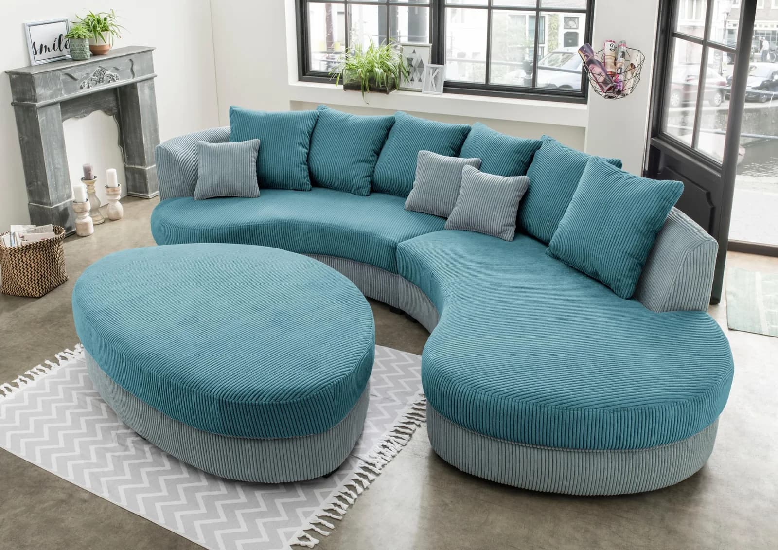 HOME AFFAIRE Ecksofa Limoncello L-Form mit Ottomane Cord Aqua/Petrol
