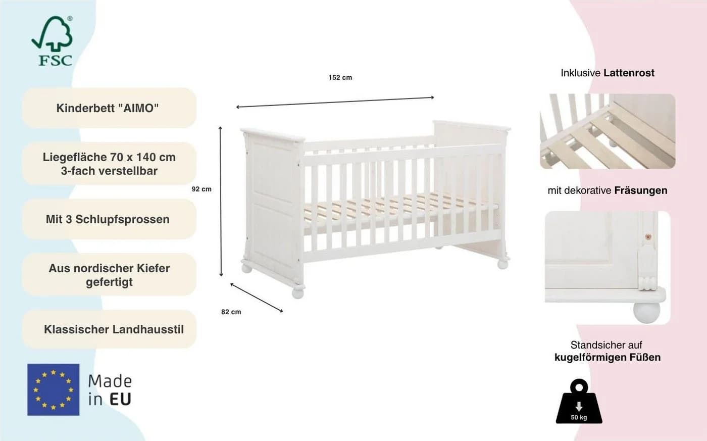 Babybett OTTO HOME Aimo Landhausstil Weiß Massivholz - Bild 3