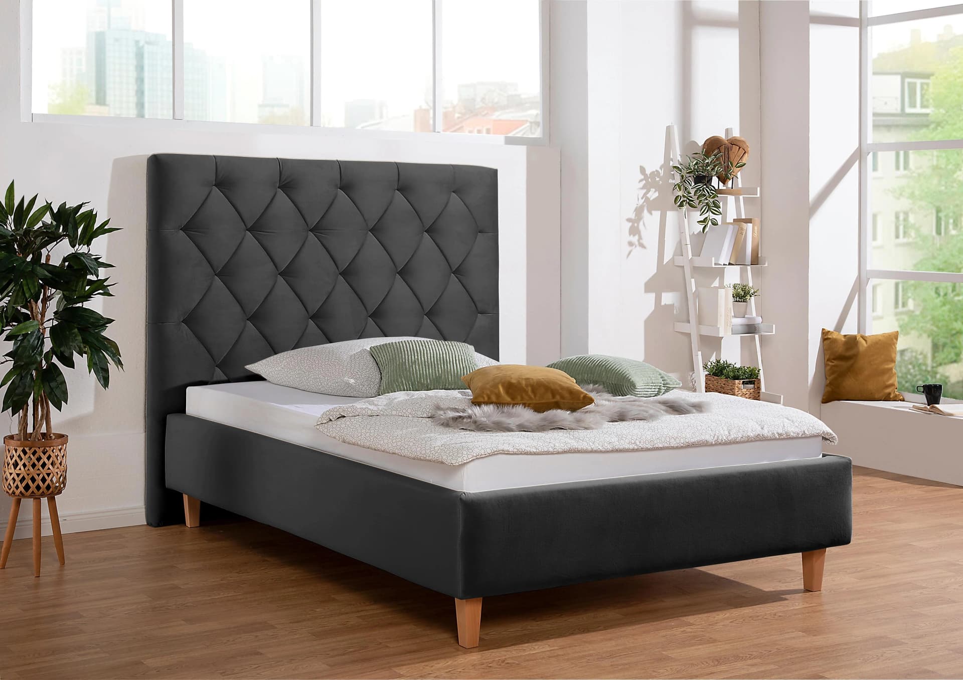 HOME AFFAIRE Polsterbett Sunley 140 Grau Samtstoff mit Matratze