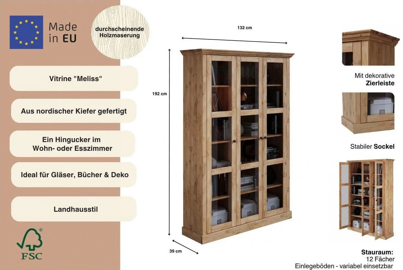 OTTO HOME Vitrine Melissa Massivholz Kiefer Beige Glastüren - Bild 3