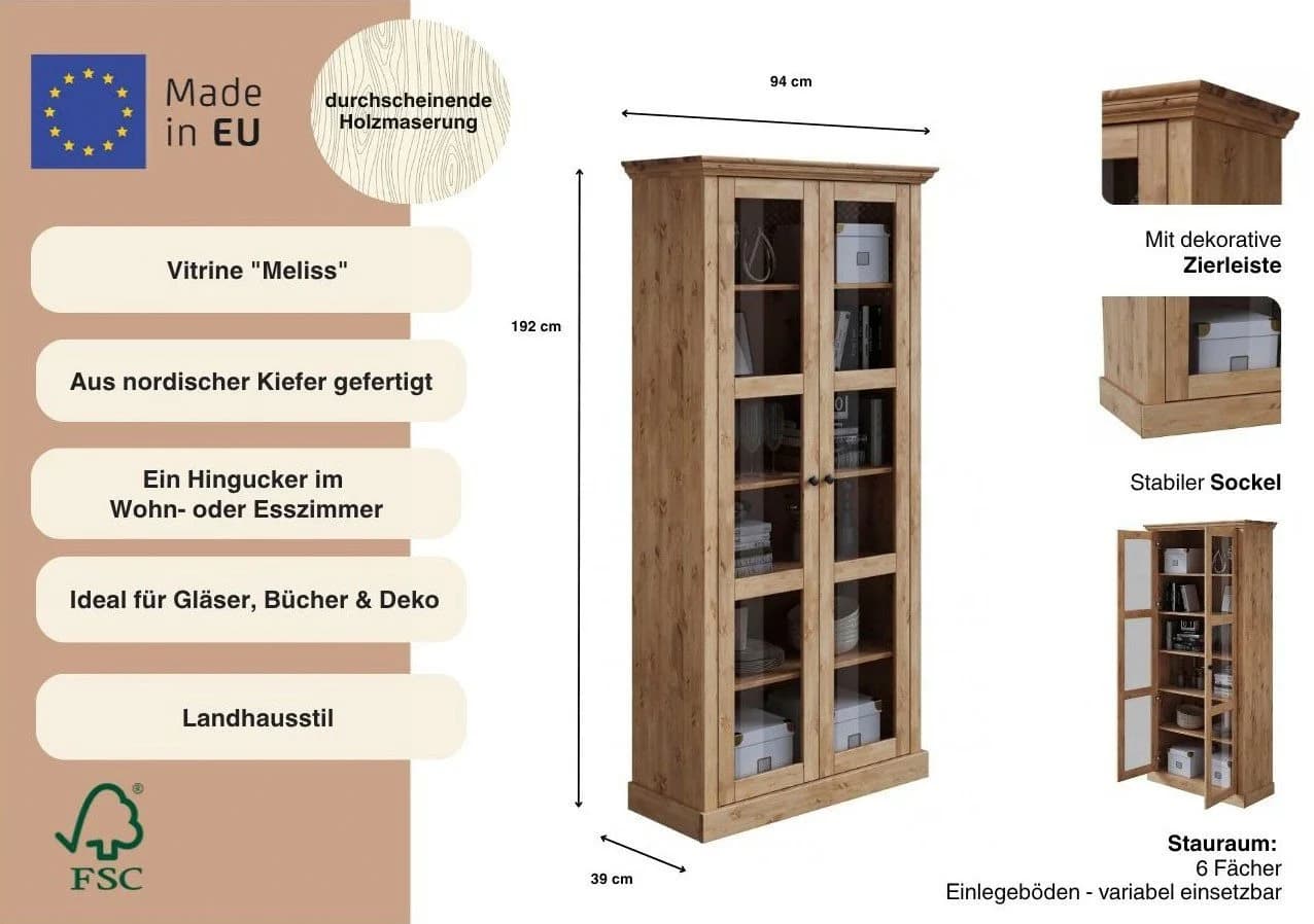 Vitrine HOME AFFAIRE "Meliss" Massivholz Kiefer - Bild 3