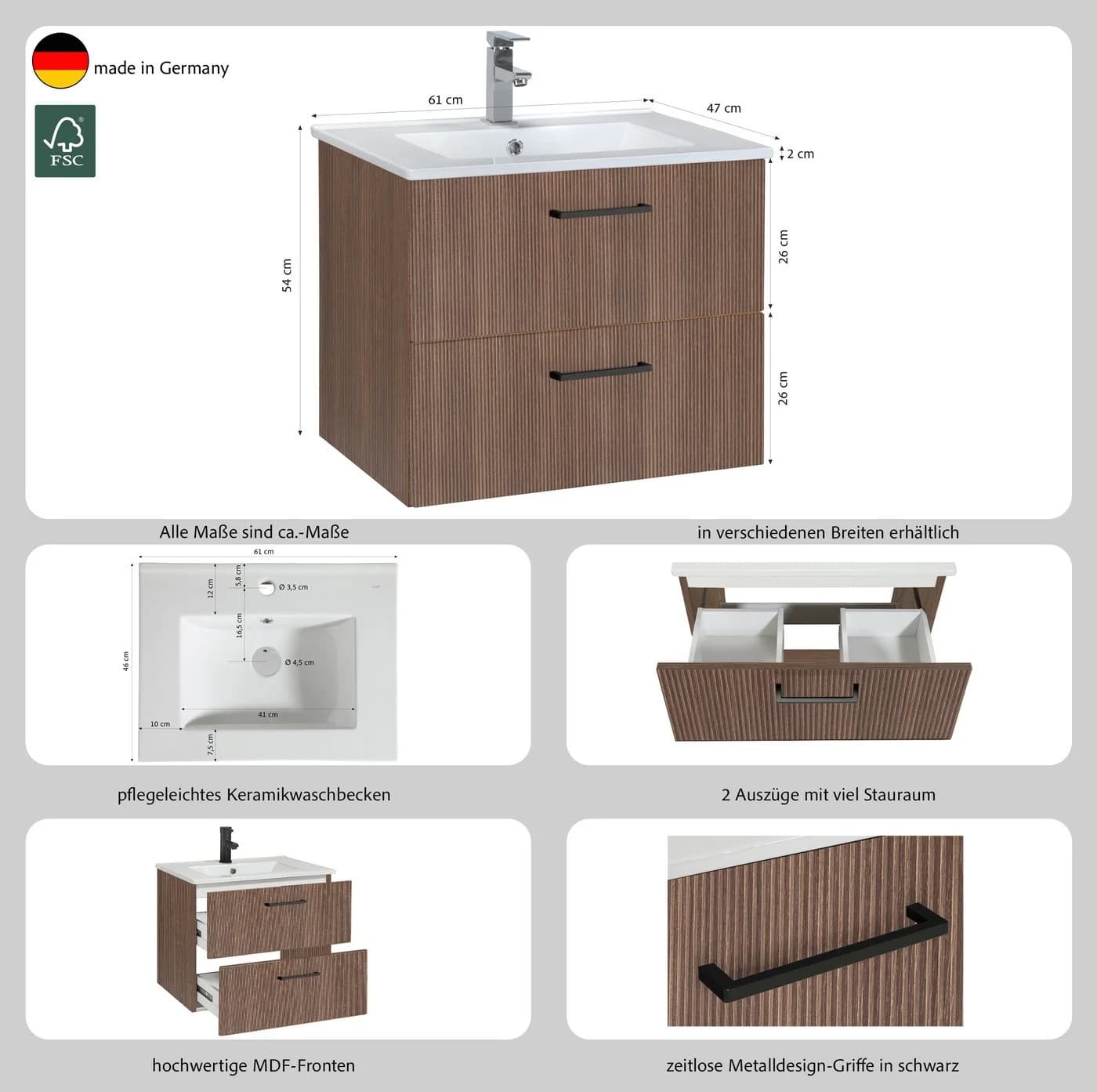 welltime Waschtisch Trento 60 cm mit Keramikbecken und 2 Schubladen - Bild 3