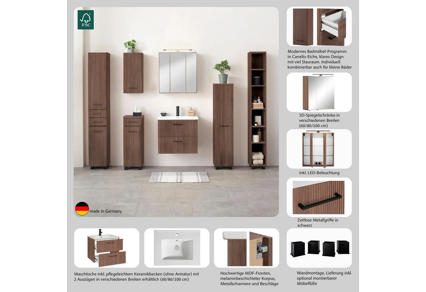 welltime Waschtisch Trento 60 cm mit Keramikbecken und 2 Schubladen - Bild 4