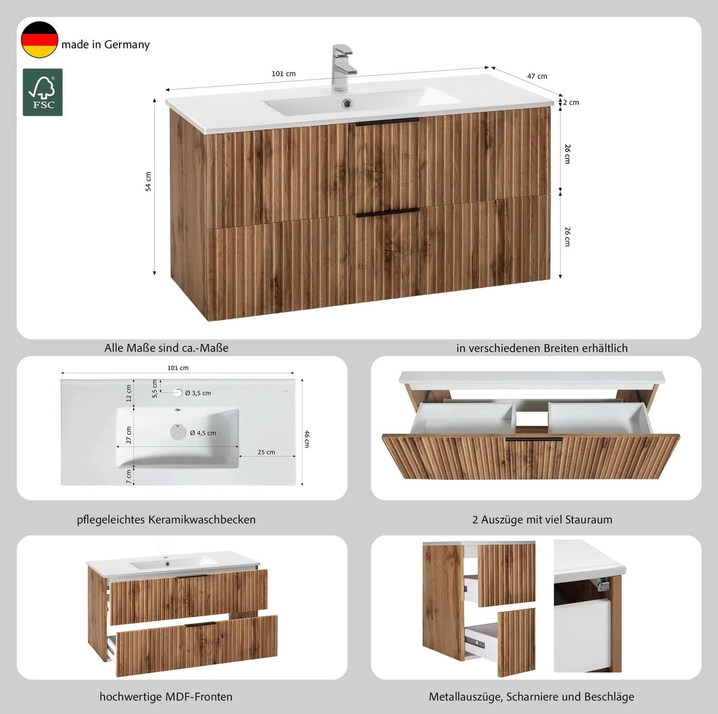 welltime Waschtisch Trento 100 cm mit Keramikbecken und 2 Schubladen - Bild 3