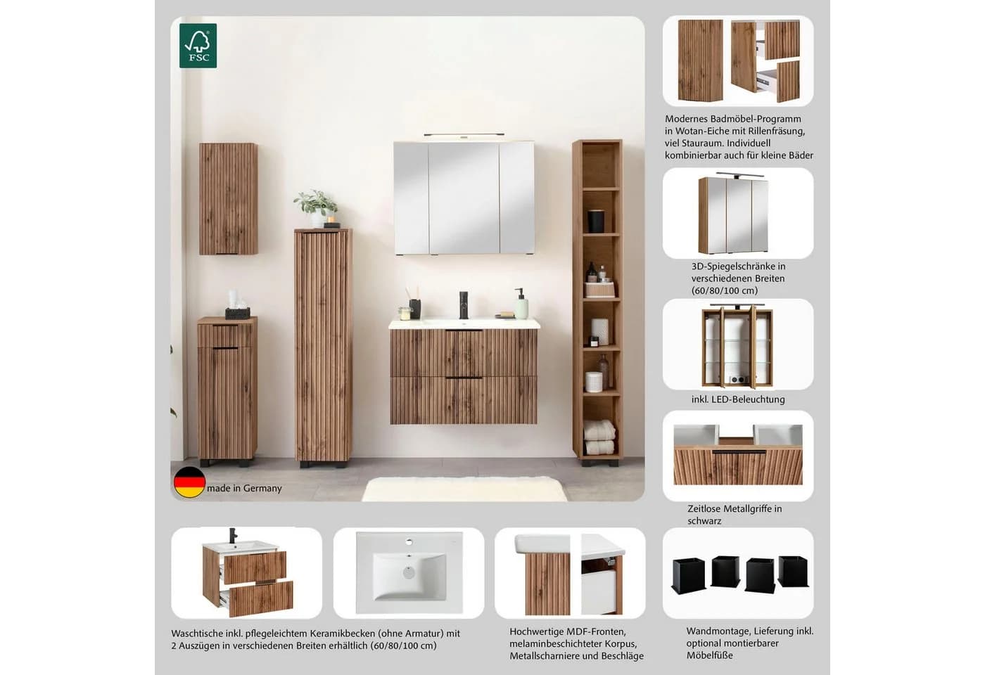 welltime Waschtisch Trento 100 cm mit Keramikbecken und 2 Schubladen - Bild 4