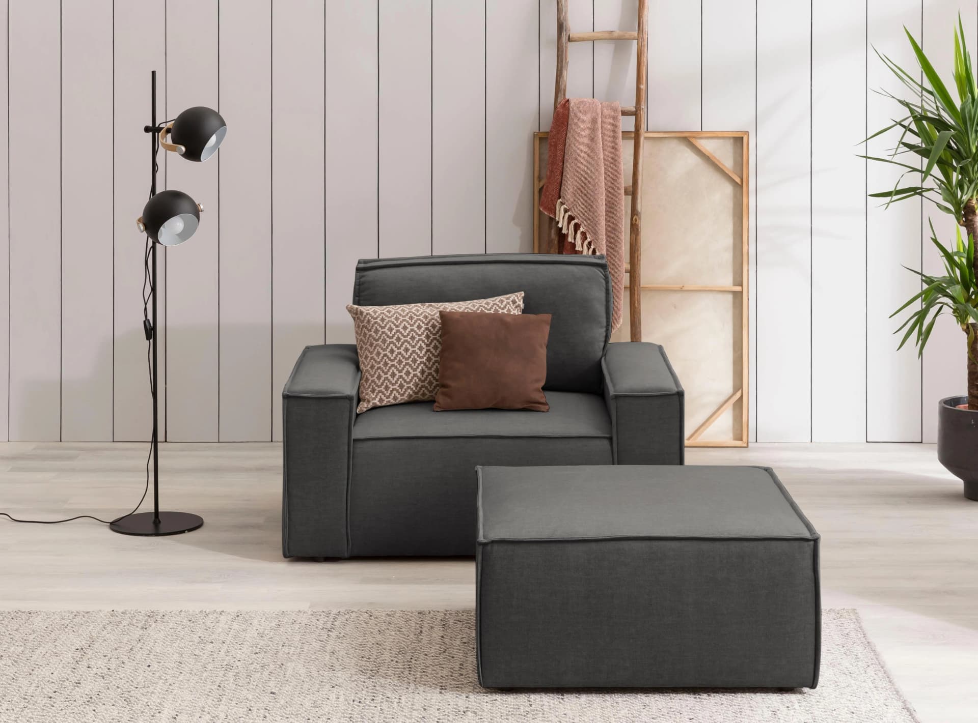 HOME AFFAIRE Sessel-Set Sherwood Anthrazit Samtvelours mit Hocker