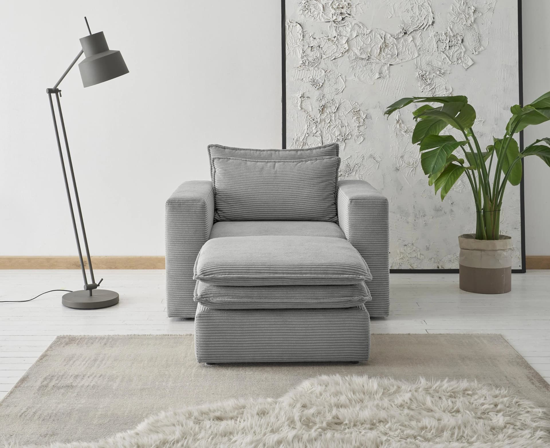 HOME AFFAIRE PIAGGE Sitzgruppe Grau Sessel mit Hocker Cord-Optik