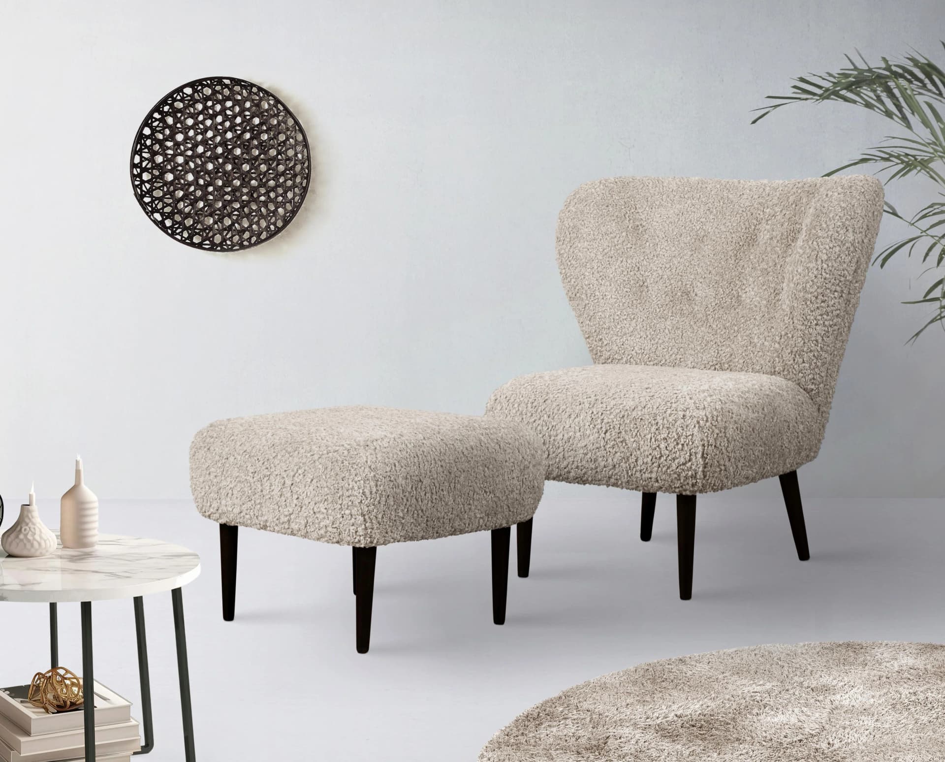 LeGer Home Sessel Dinah Beige mit Hocker Bouclé